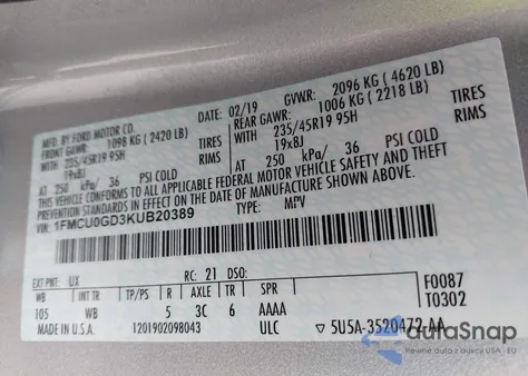 2019 Ford Escape Se from USA, damaged, VIN 1FMCU0GD3KUB20389
